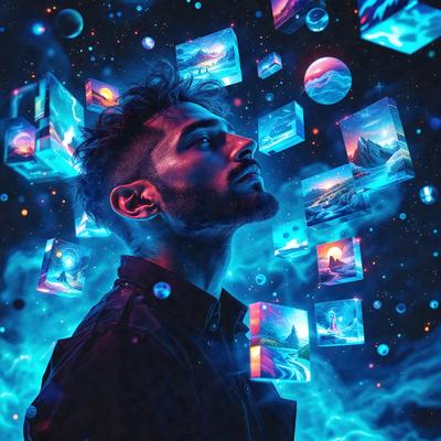 The primary subject of the image is a man with a beard and a black shirt. He is surrounded by a variety of colorful and abstract images, which create a visually striking and artistic scene. The setting appears to be a space with a backdrop of stars, adding to the overall atmosphere of the image. The visual style of the image is a combination of digital art and illustration, with the man and the images being the main focus of the composition. The colors and mood of the image are vibrant and l